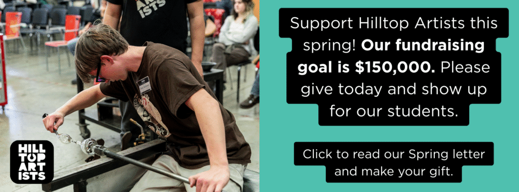 Banner image for the 2025 spring appeal that features a photo of a hilltop artists student working in the hot shop