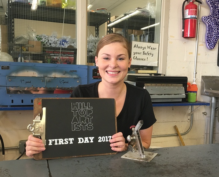 Former Hilltop Artist student and current Daytime Instructor Sam smiles for her first day in the classroom.