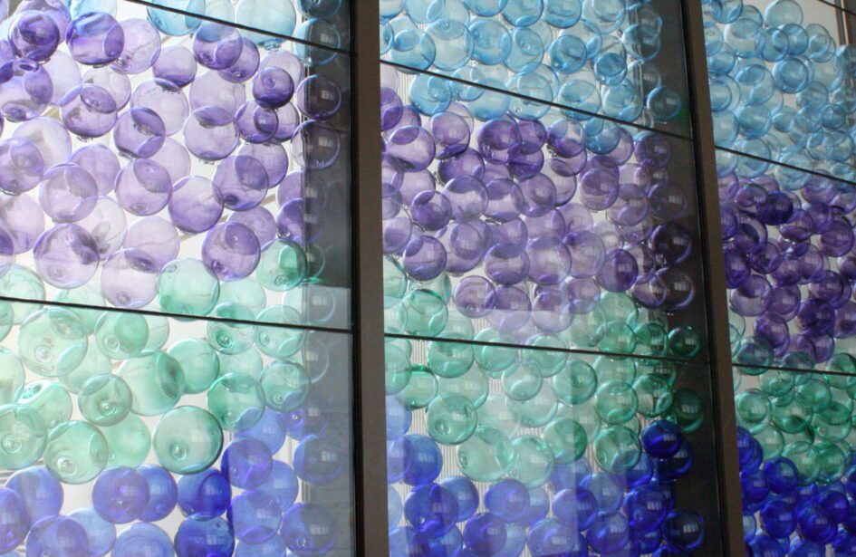 Photograph of an installation of glass floats produced and installed at Mary Bridge Childrens' Hospital by Hilltop Artists