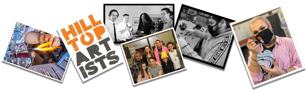 Photo collage of Hilltop Artists students Lynx, Zach, and Luis through the years.