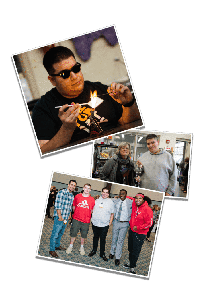 Photo collage of Hilltop Artists students Lynx, Zach, and Luis through the years.