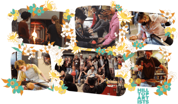 Photo collage of various shots of Hilltop Artists in the hot shop. Photos are each framed by a teal and orange floral border.