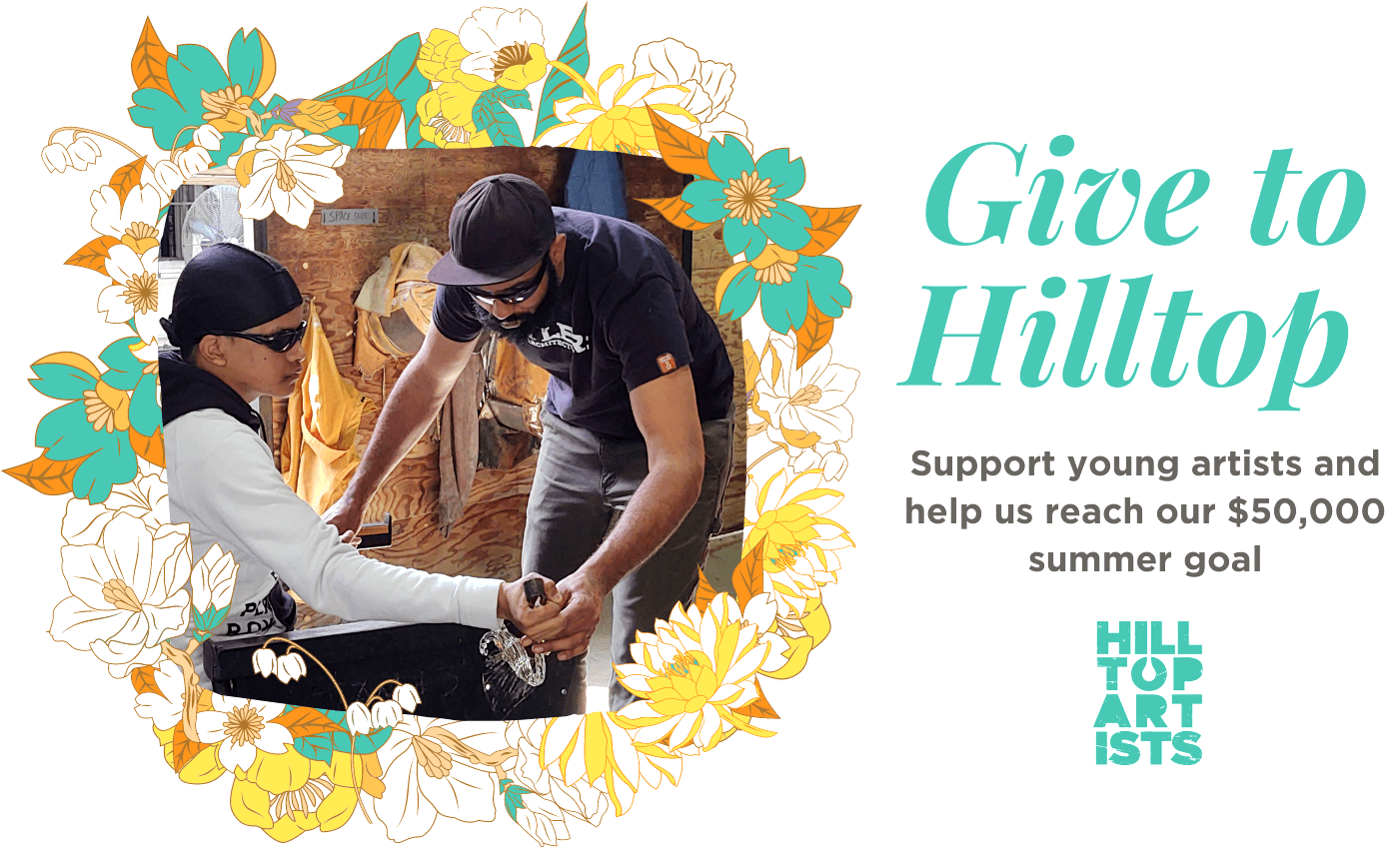Banner image of Hilltop Artists alum assisting a student in the hot shop at Pilchuck Glass School