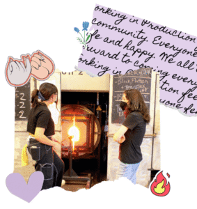 Hilltop Artists Lily and Jasmine collaborate on a piece in the hot shop.