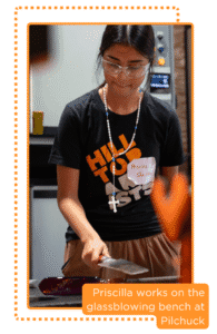 Priscilla works on the glassblowing bench at Pilchuck