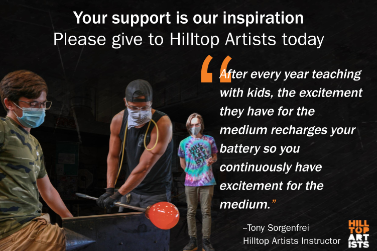 Image of Hilltop Artist Instructor Tony and two Production students working on a piece in the hot shop at Silas HS
