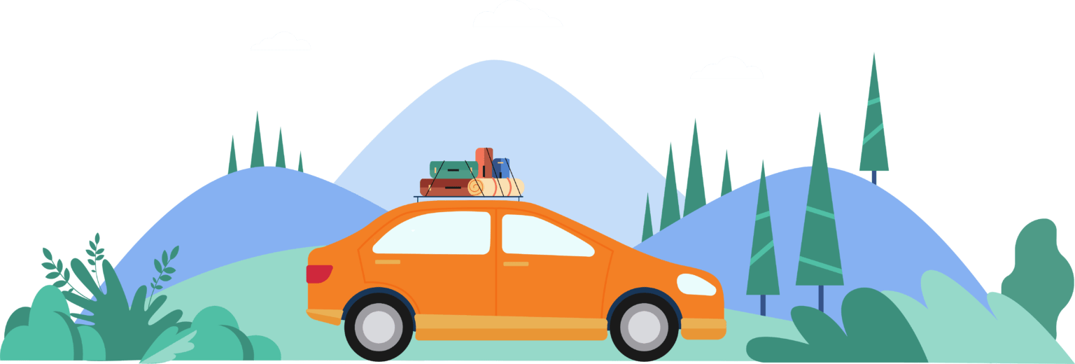 Illustrated roadtrip-inspired image with a orange sedan driving near a mountain