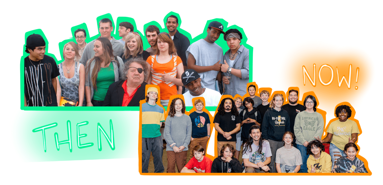 NOW PHOTO From bottom middle to right: Teaching Artists Zane, Trenton, and Luis pose with current After-School students; 2023. THEN PHOTO From top left to right: current Teaching Artists Trenton, Sam, and Jessica with Dale Chihuly and students