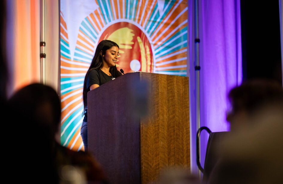 Photograph of student speaker Priscilla at the 2025 Better Futures Luncheon