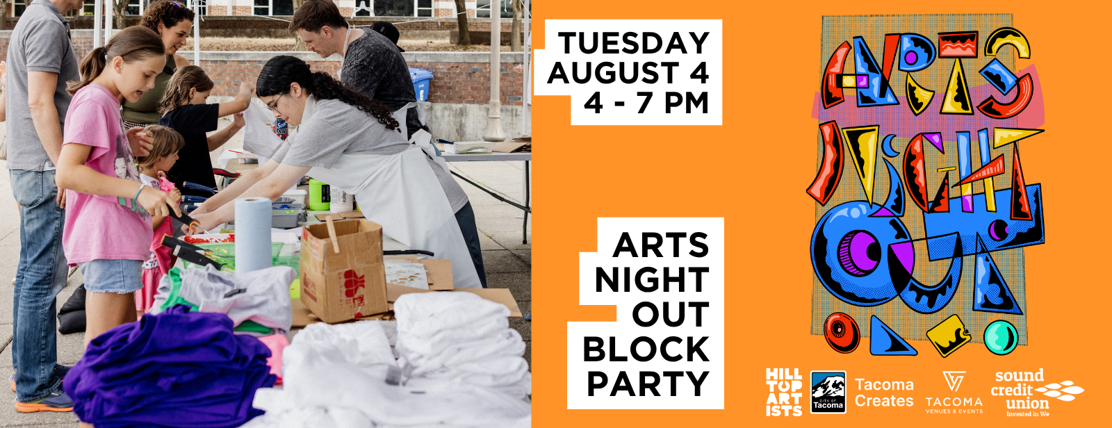 Photograph of Hilltop Artists volunteers assisting students during the Arts Night Out Annual block party. Text reads 