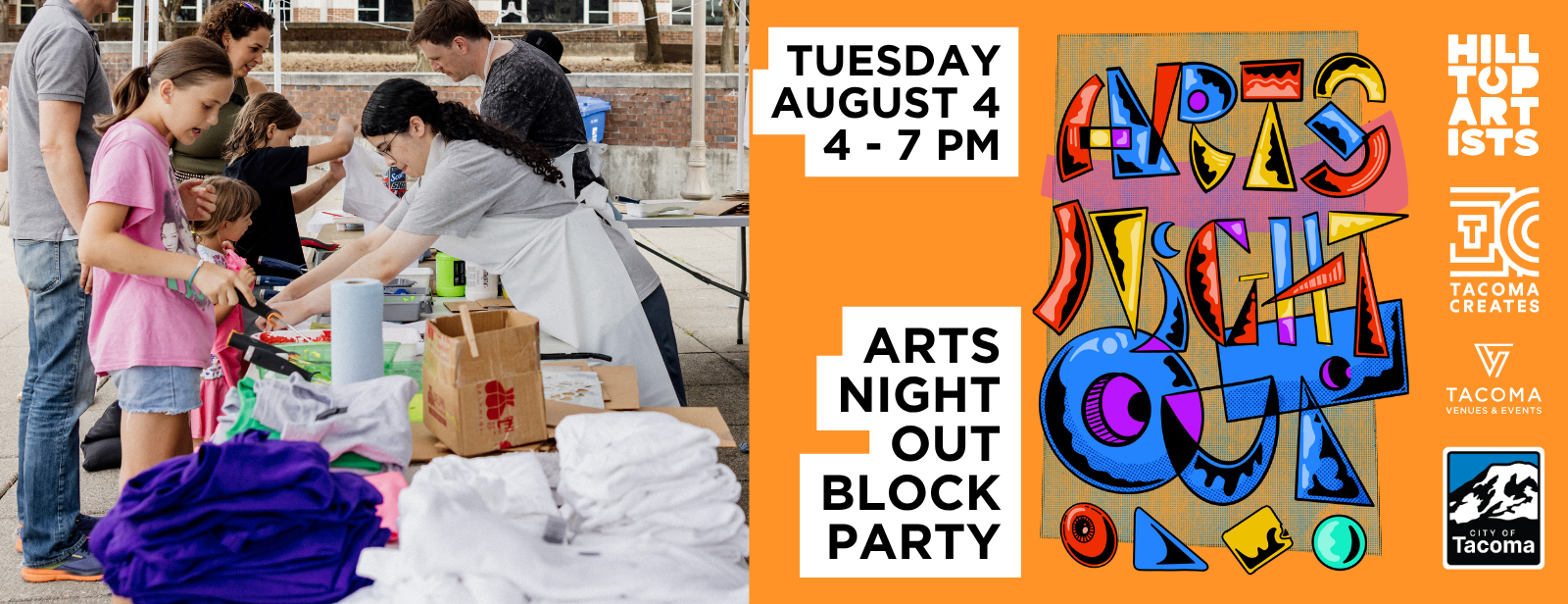Photograph of Hilltop Artists volunteers assisting students during the Arts Night Out Annual block party. Text reads 
