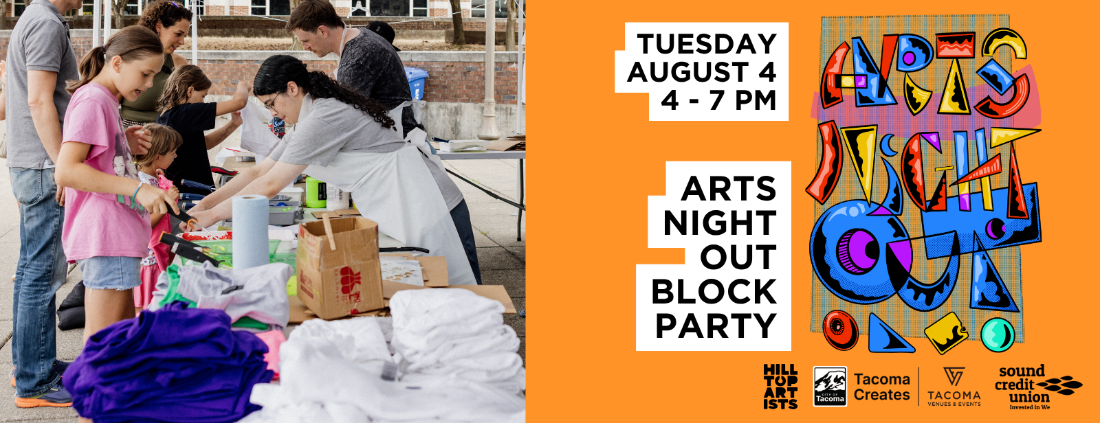 Photograph of Hilltop Artists volunteers assisting students during the Arts Night Out Annual block party. Text reads 