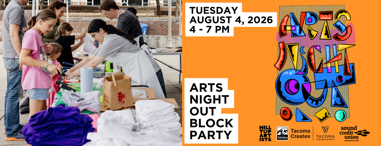 Photograph of Hilltop Artists volunteers assisting students during the Arts Night Out Annual block party. Text reads 